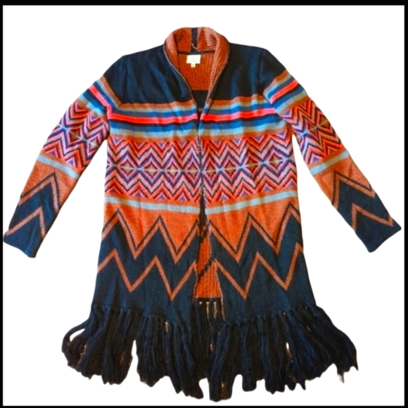 Hot & Delicious colorful tribal knit fringe Boho long open  duster/cardigan sz M - Picture 1 of 14